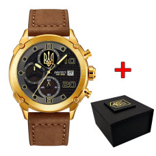 Годинник наручний Awarder 016 Gold-Black-Brown Тризуб золото