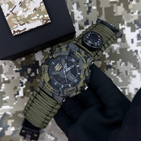Годинник наручний Patriot 005 Тризуб золото Camo Green Паракордовий ремінець Army Green + Коробка.