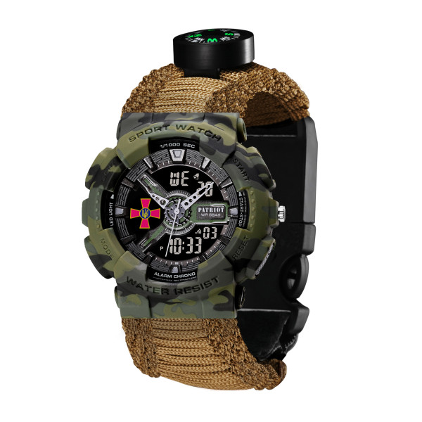 Годинник наручний Patriot 005CMGRSU ЗСУ Зелений камуфляж Паракордовий ремінець Khaki + Коробка.