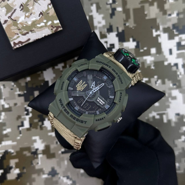 Годинник наручний Patriot 005 Тризуб золото Army Green Паракордовий ремінець Khaki  + Коробка.