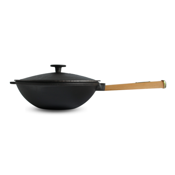Сковорода чугунная Brizoll WOK 2.8 л 260х80 мм с деревянной ручкой и чугунной крышкой