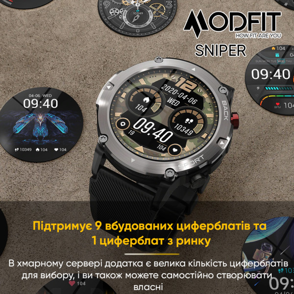 Розумний годинник Modfit Sniper Black-Silver 36 мм