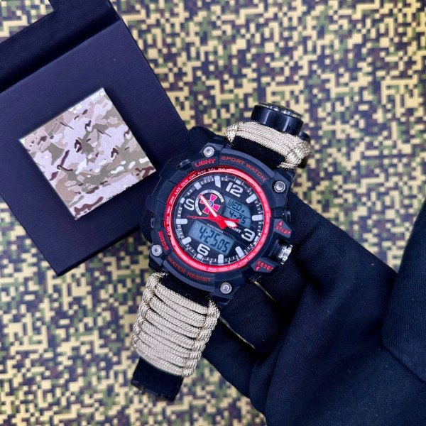 Годинник наручний Patriot 012BKRDSU ЗСУ Чорні з червоним Паракордовий ремінець Khaki + Коробка