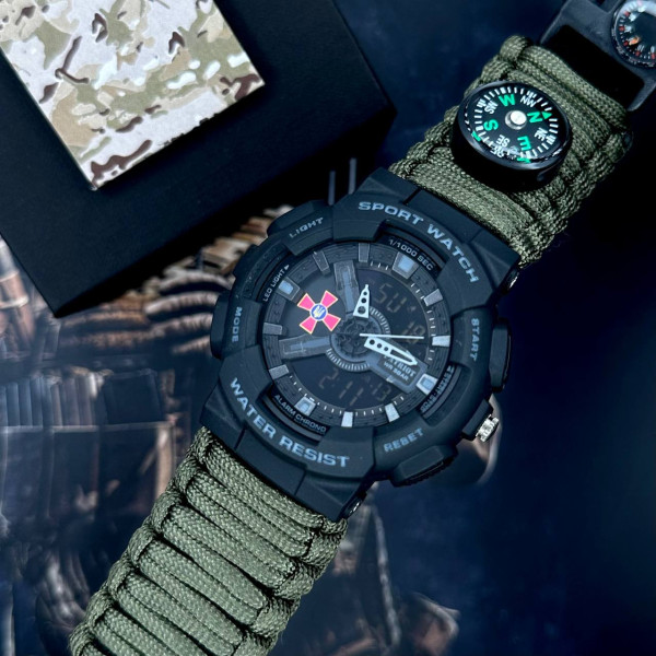 Годинник наручний Patriot 005BKSU ЗСУ Чорні Паракордовий ремінець Army Green + Коробка
