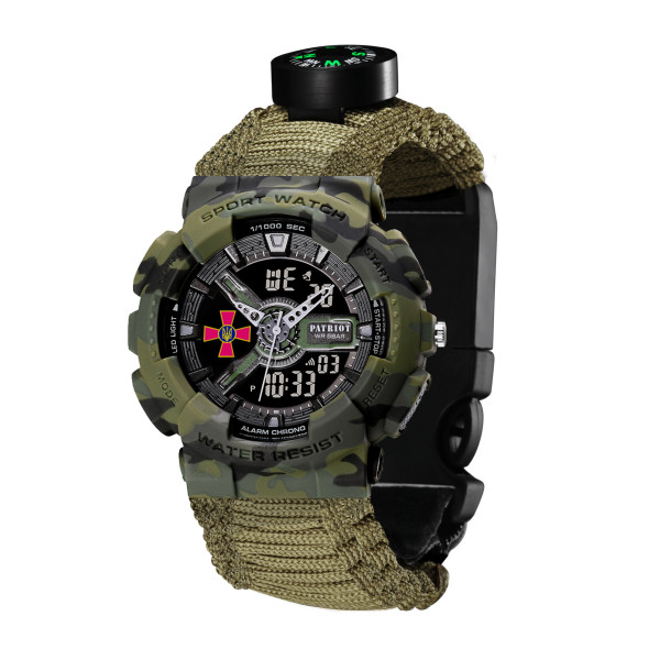 Годинник наручний Patriot 005CMGRSU ЗСУ Зелений камуфляж Паракордовий ремінець Army Green + Коробка.