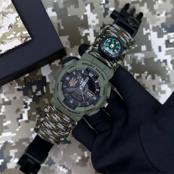 Годинник наручний Patriot 005 Тризуб золото Army Green Паракордовий ремінець Camo Green + Коробка.