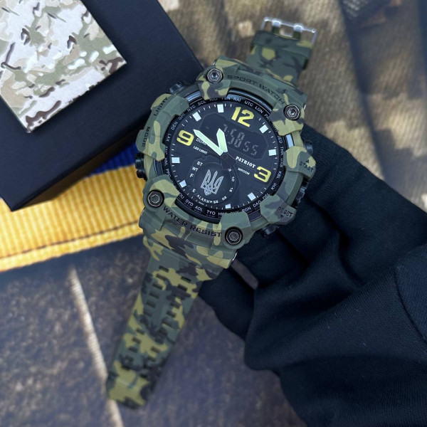 Годинник наручний Patriot 004CMGRUASI Тризуб срібло Зелений камуфляж + Коробка.