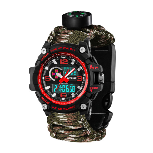 Годинник наручний Patriot 012BKRDSU ЗСУ Чорні з червоним Паракордовий ремінець Camo Green + Коробка