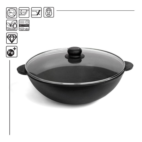 Чугунная сковорода Brizoll WOK 280х96 мм 3.7 л со стеклянной крышкой
