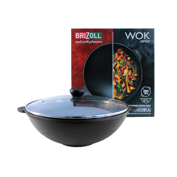 Чугунная сковорода Brizoll WOK 280х96 мм 3.7 л со стеклянной крышкой