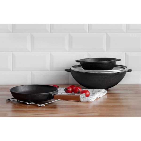 Чугунная сковорода Brizoll WOK 280х96 мм 3.7 л со стеклянной крышкой