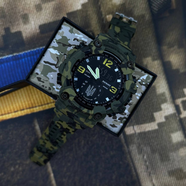 Годинник наручний Patriot 004CMGRUASI Тризуб срібло Зелений камуфляж + Коробка.