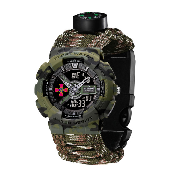 Годинник наручний Patriot 005CMGRSU ЗСУ Зелений камуфляж Паракордовий ремінець Camo Green + Коробка.