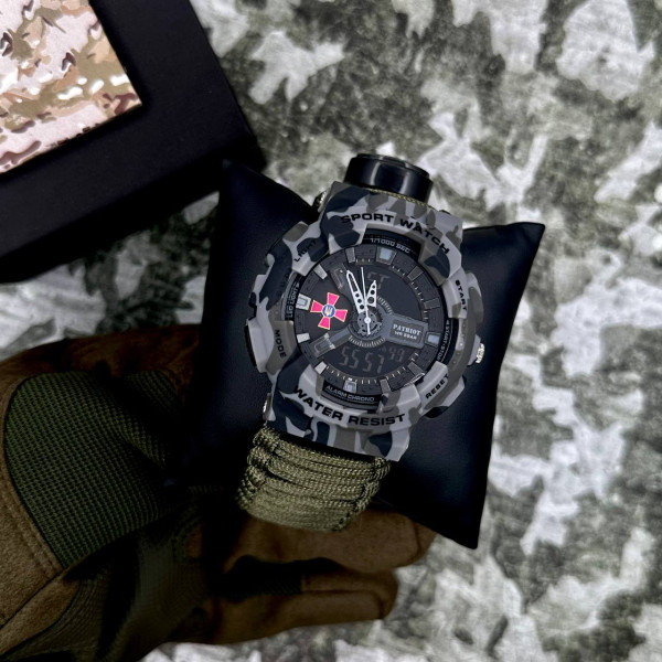 Годинник наручний Patriot 005CMGYSU ЗСУ Сірий камуфляж Паракордовий ремінець Army Green + Коробка