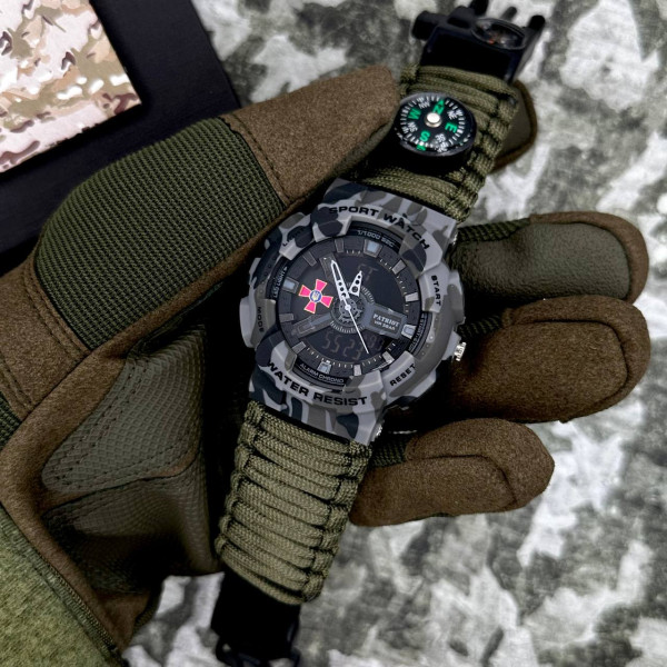 Годинник наручний Patriot 005CMGYSU ЗСУ Сірий камуфляж Паракордовий ремінець Army Green + Коробка