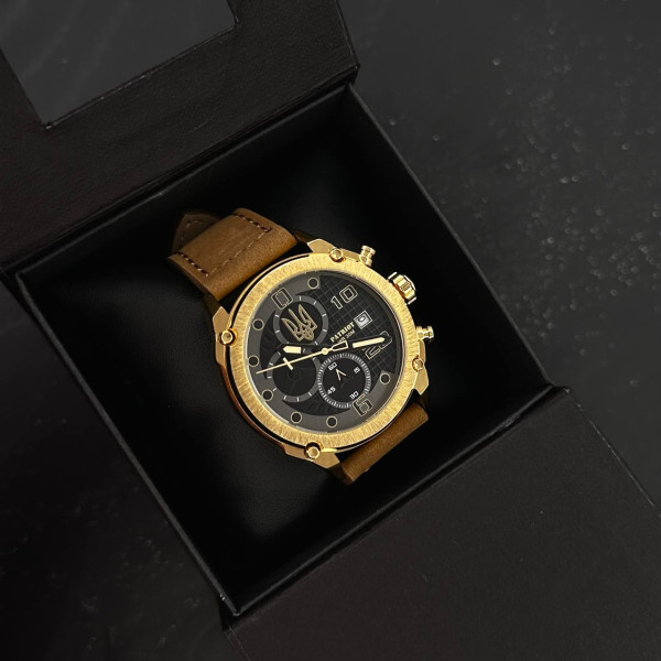 Годинник наручний Patriot 016 Gold-Black-Brown Тризуб золото