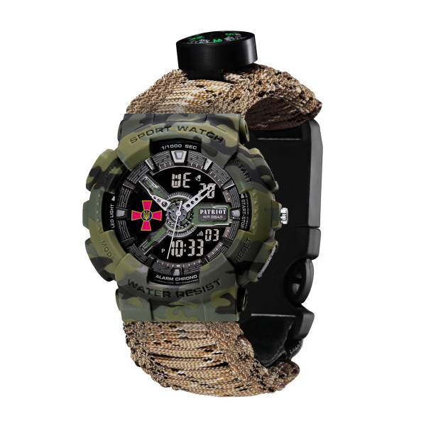 Годинник наручний Patriot 005CMGRSU ЗСУ Зелений камуфляж Паракордовий ремінець Desert Camo + Коробка