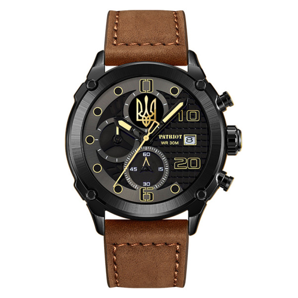 Годинник наручний Patriot 016 Black-Brown Тризуб золото