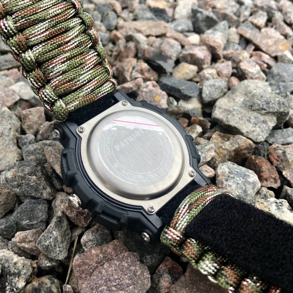 Годинник наручний Patriot 005 Тризуб золото Чорний Паракордовий ремінець Camo Green + Коробка