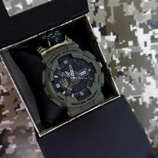 Годинник наручний Patriot 005 Тризуб золото Army Green Паракордовий ремінець Khaki  + Коробка.