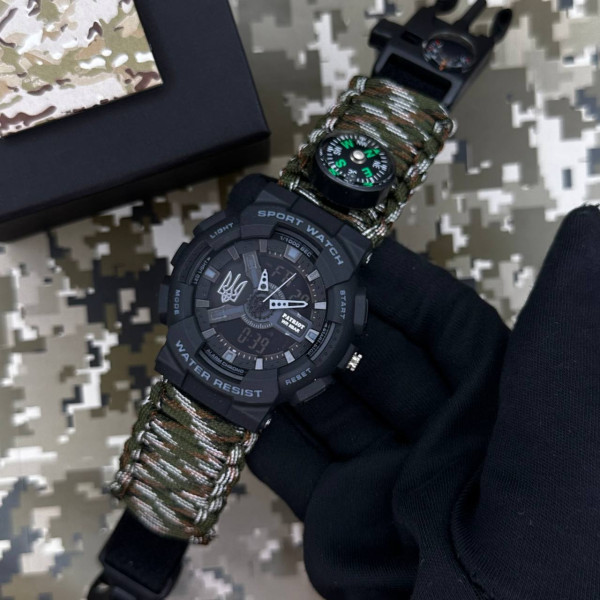 Годинник наручний Patriot 005 Тризуб срібло  Чорний Паракордовий ремінець Camo Green + Коробка.
