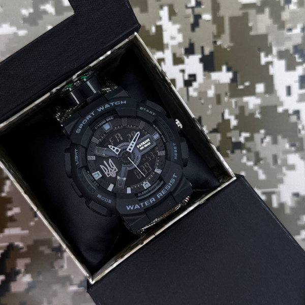 Годинник наручний Patriot 005 Тризуб срібло  Чорний Паракордовий ремінець Camo Green + Коробка.