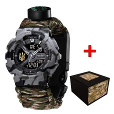 Годинник наручний Patriot 005 Тризуб золото Сірий камуфляж Паракордовий ремінець Camo Green+Коробка